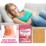 Woman experiencing menstrual pain with a product package for Menstrual Pain Patch on a gray couch.