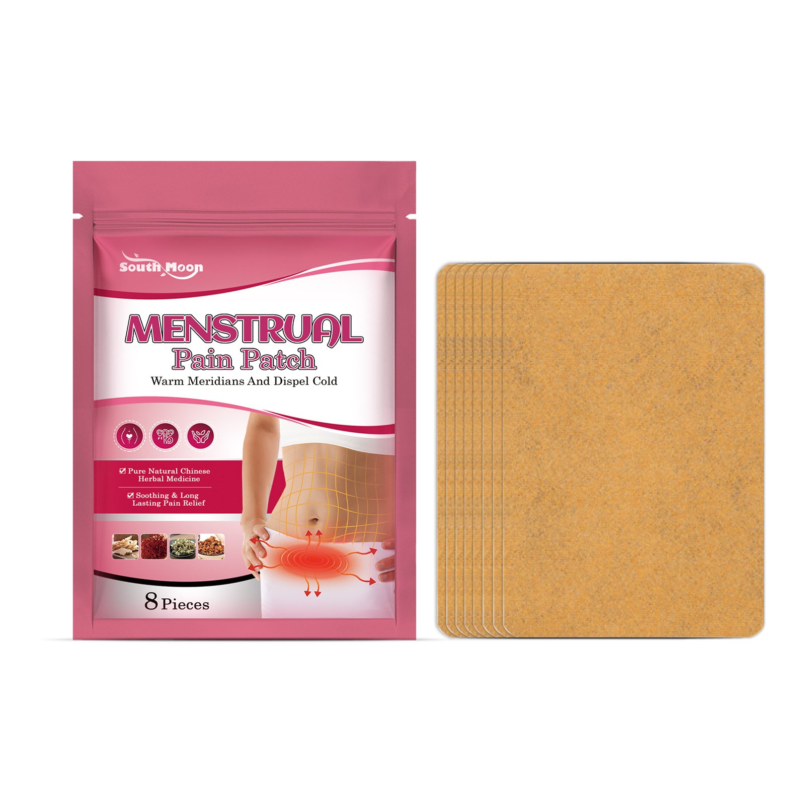 Menstrual pain patch packaging with patches on a white background