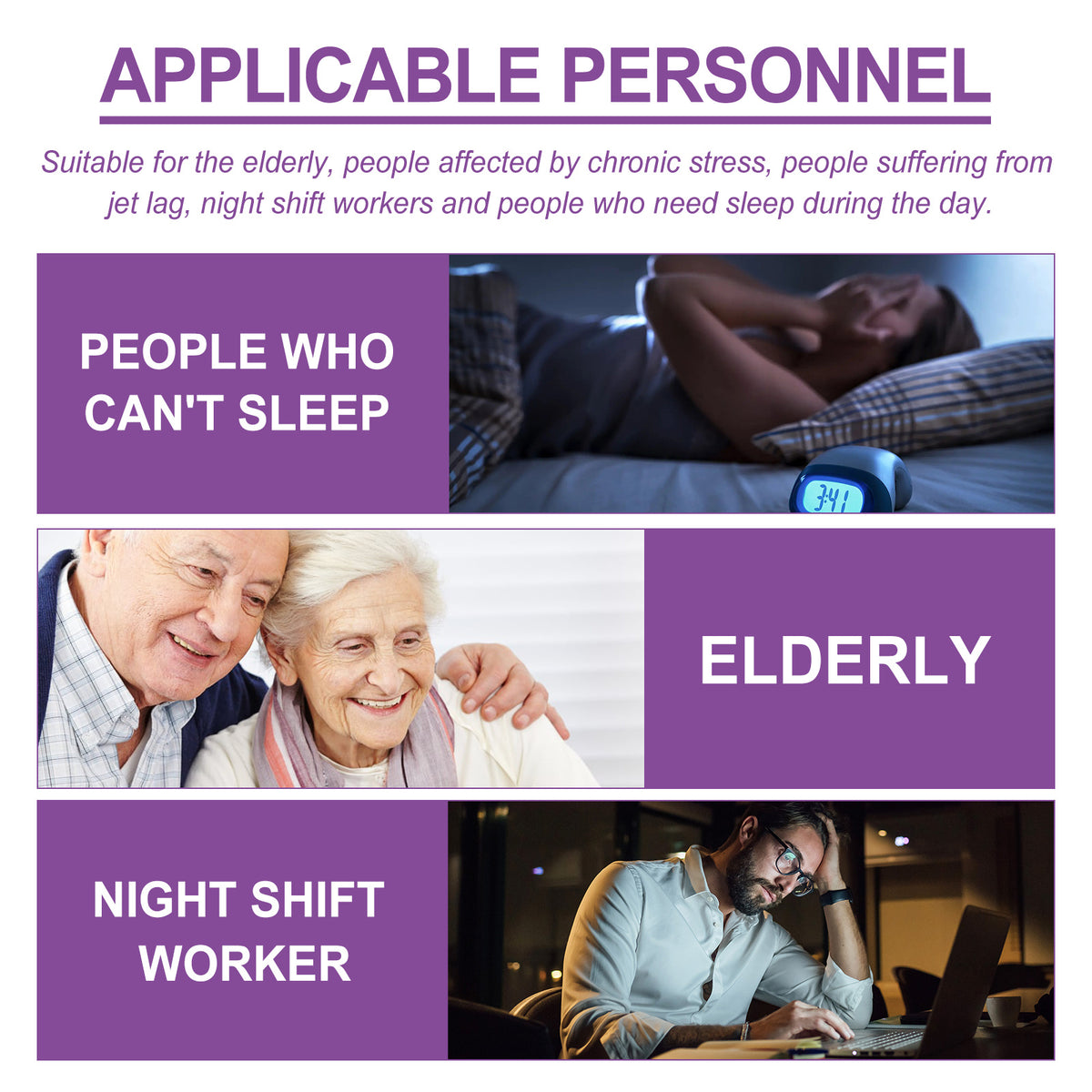 Promotional graphic for sleep aid targeting elderly, chronic stress sufferers, night shift workers, and people who can't sleep.