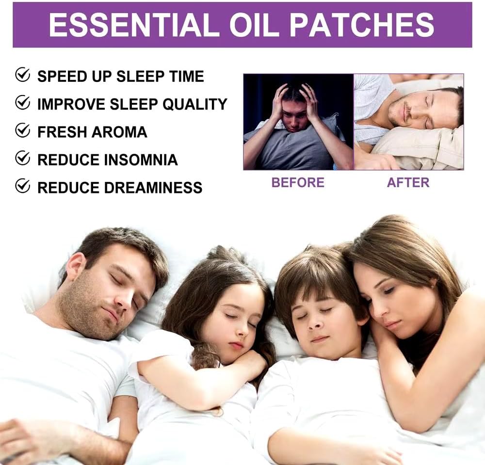 Advertisement for essential oil patches with a family sleeping and text highlighting benefits.