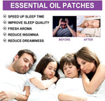 Advertisement for essential oil patches with a family sleeping and text highlighting benefits.
