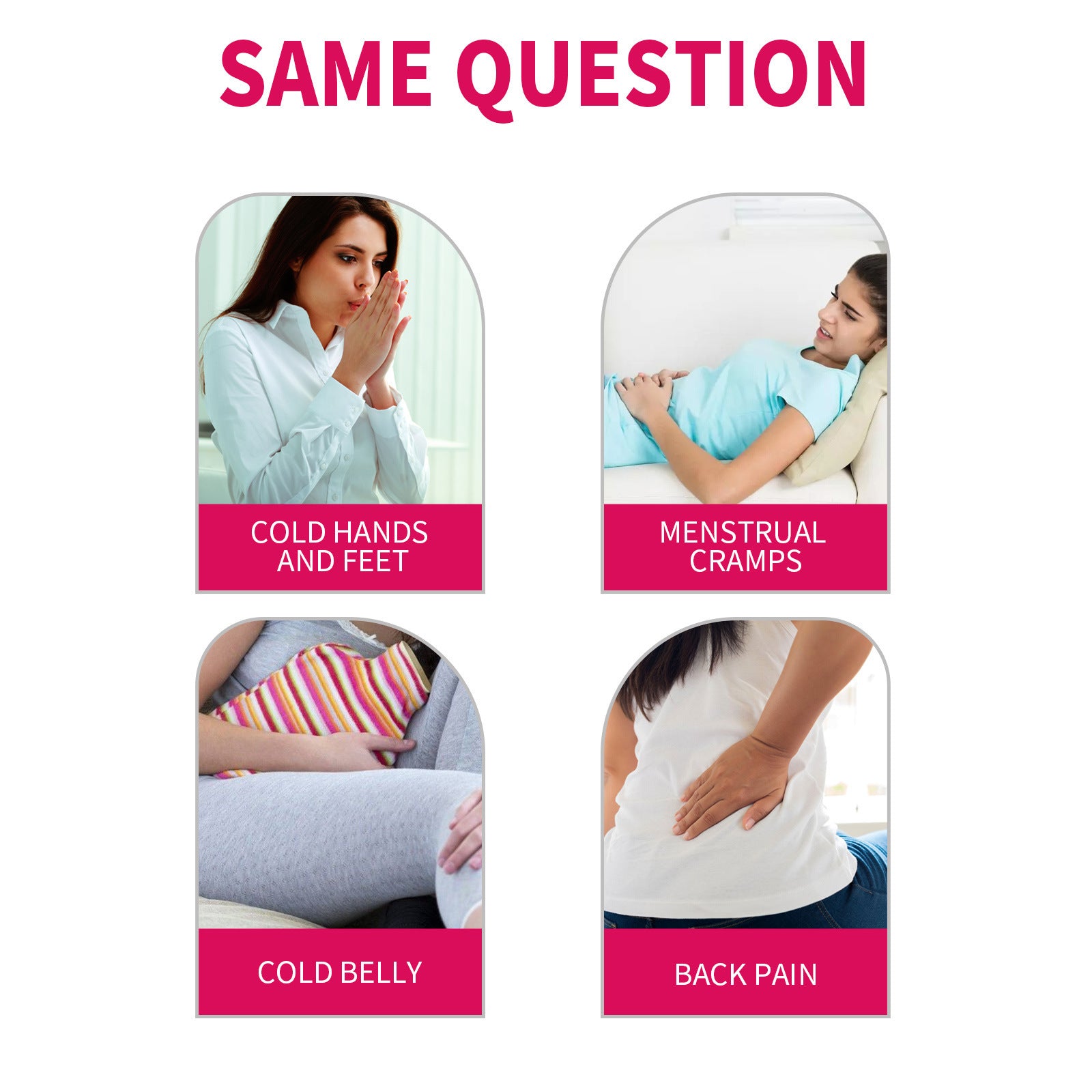 Illustrations of women experiencing cold hands and feet, menstrual cramps, a cold belly, and back pain.