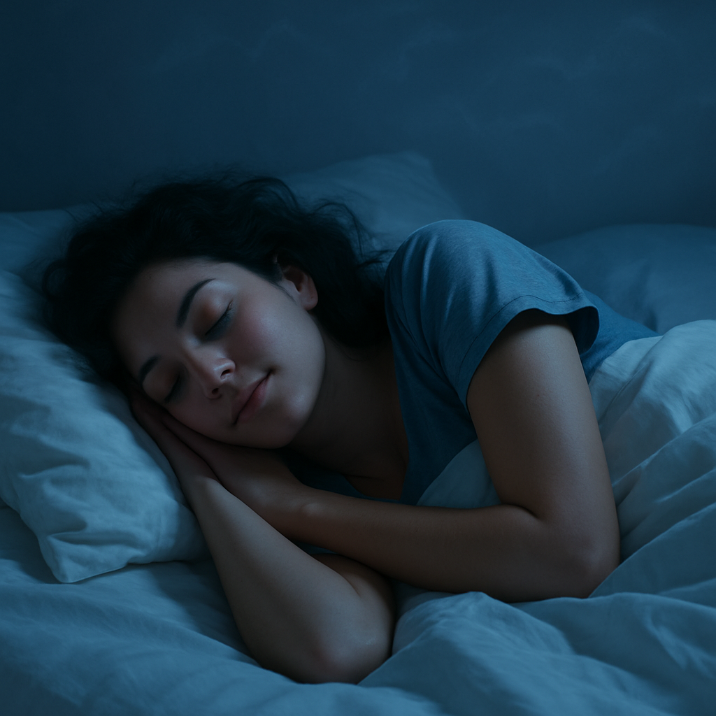 Woman sleeping peacefully in bed with a dark blue background