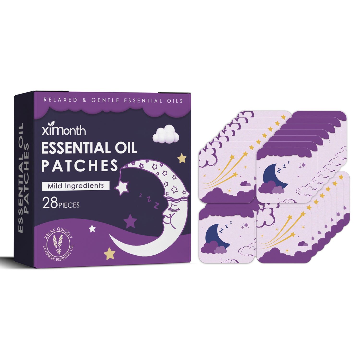 Essential oil patches packaging with purple and white design on a white background