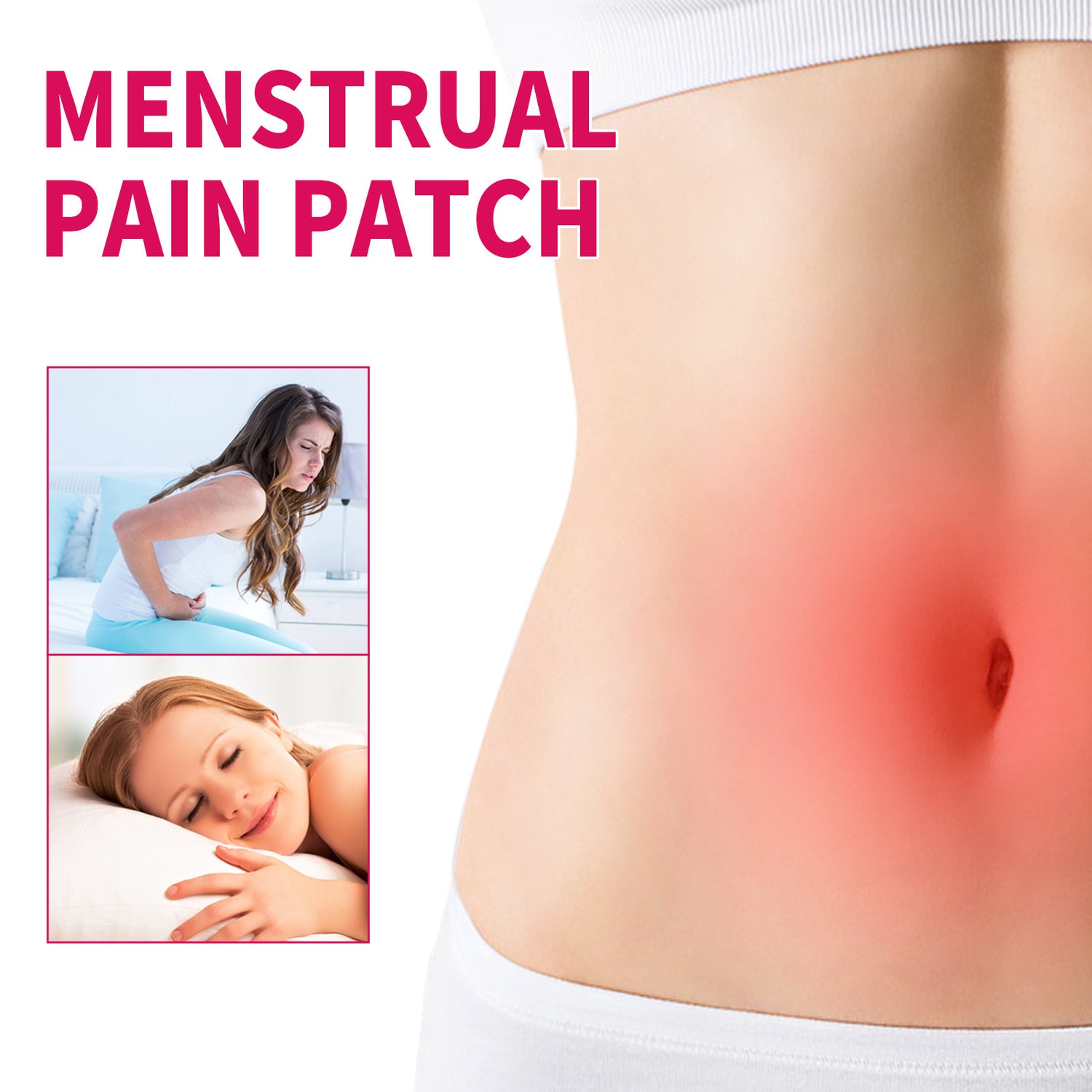 Menstrual pain patch advertisement with a woman experiencing pain and a child sleeping.